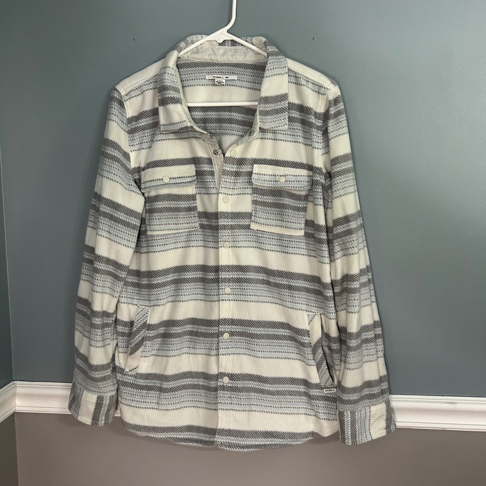 ONeill Womens Striped Fleece Snap Front Shirt Jacket Shacket White Grey Large